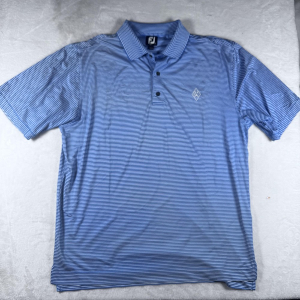 FootJoy Polo Shirt Mens Large Blue White Striped Golf Performance Logo FJ Crest